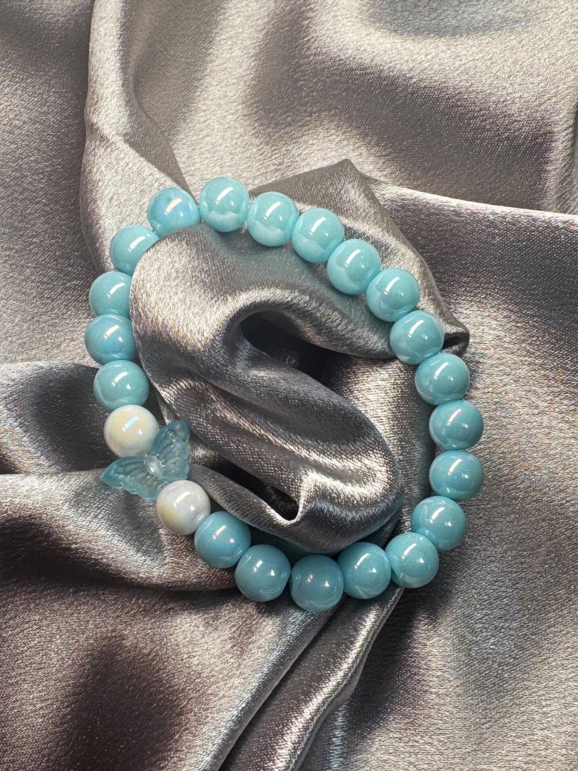 Aqua Blue Beaded Bracelet | Shine Glass Beads Bracelet | Colorized beads | Pearl- Like Bracelet | Butterfly Bracelet | Teal Beaded Bracelet