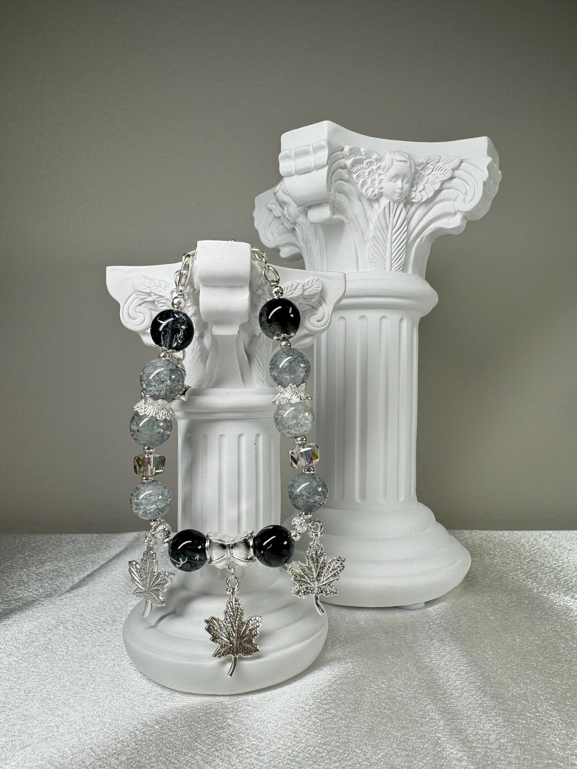 Gray butterfly bead bracelet/Handmade/multiple choice of charms/maple leaf/crown/ Unique design