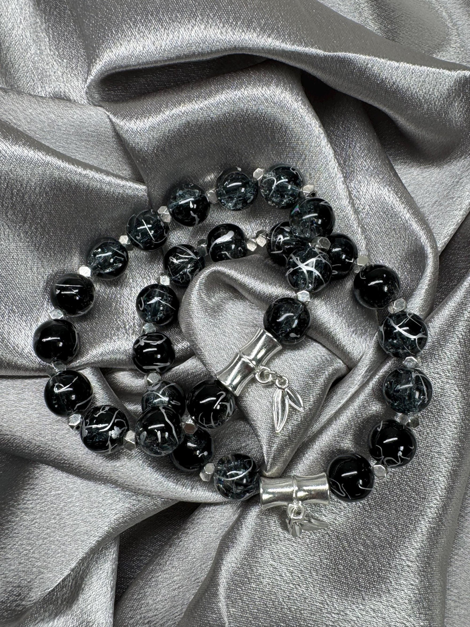 Unique Black and silver Glass bead Bracelets |  Stretch Stacking Bracelet | Bamboo Charm Bracelet | Large butterfly bracelet | 10mm Beads