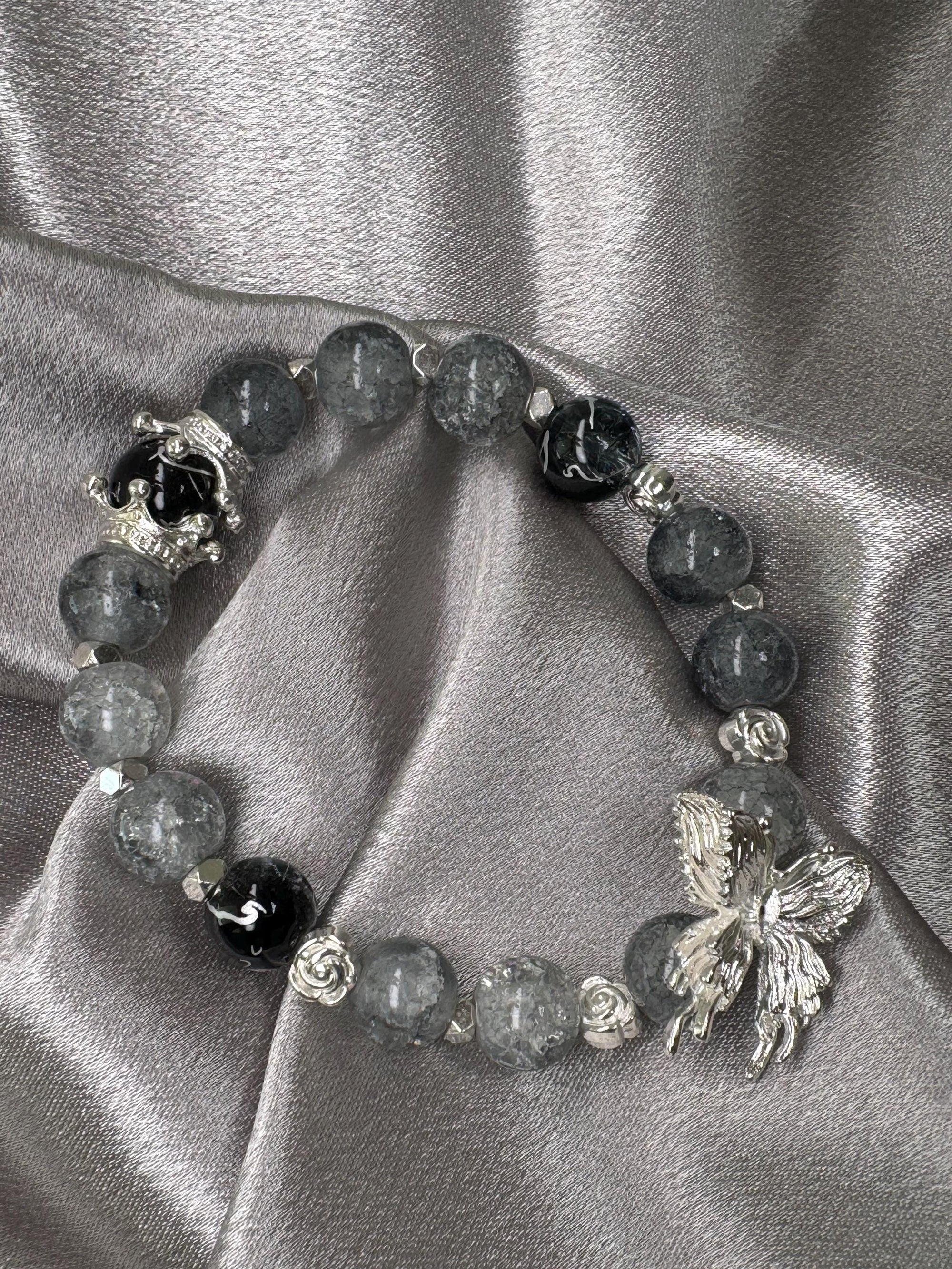 Gray butterfly bead bracelet/Handmade/multiple choice of charms/maple leaf/crown/ Unique design