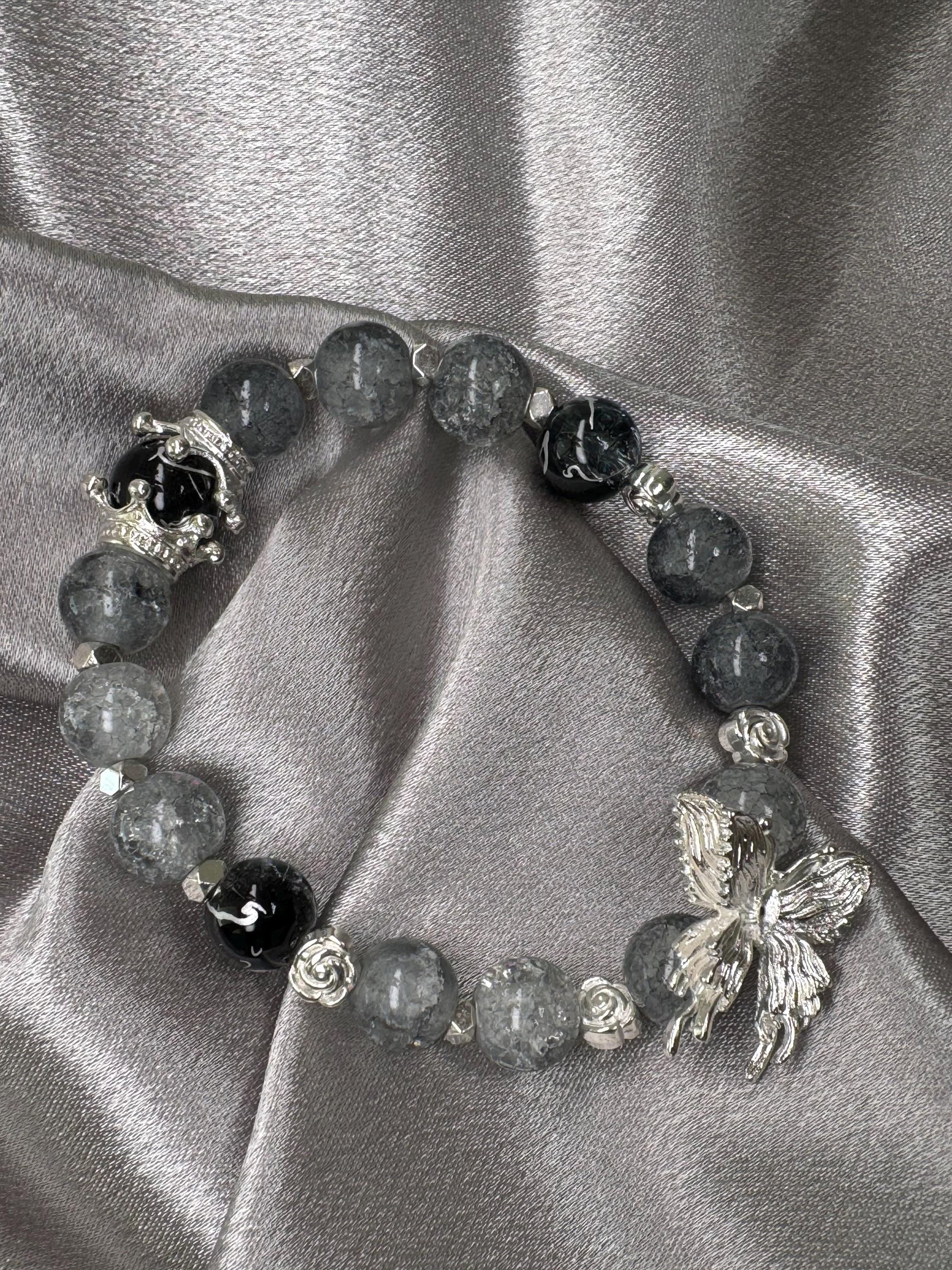 Gray butterfly bead bracelet/Handmade/multiple choice of charms/maple leaf/crown/ Unique design