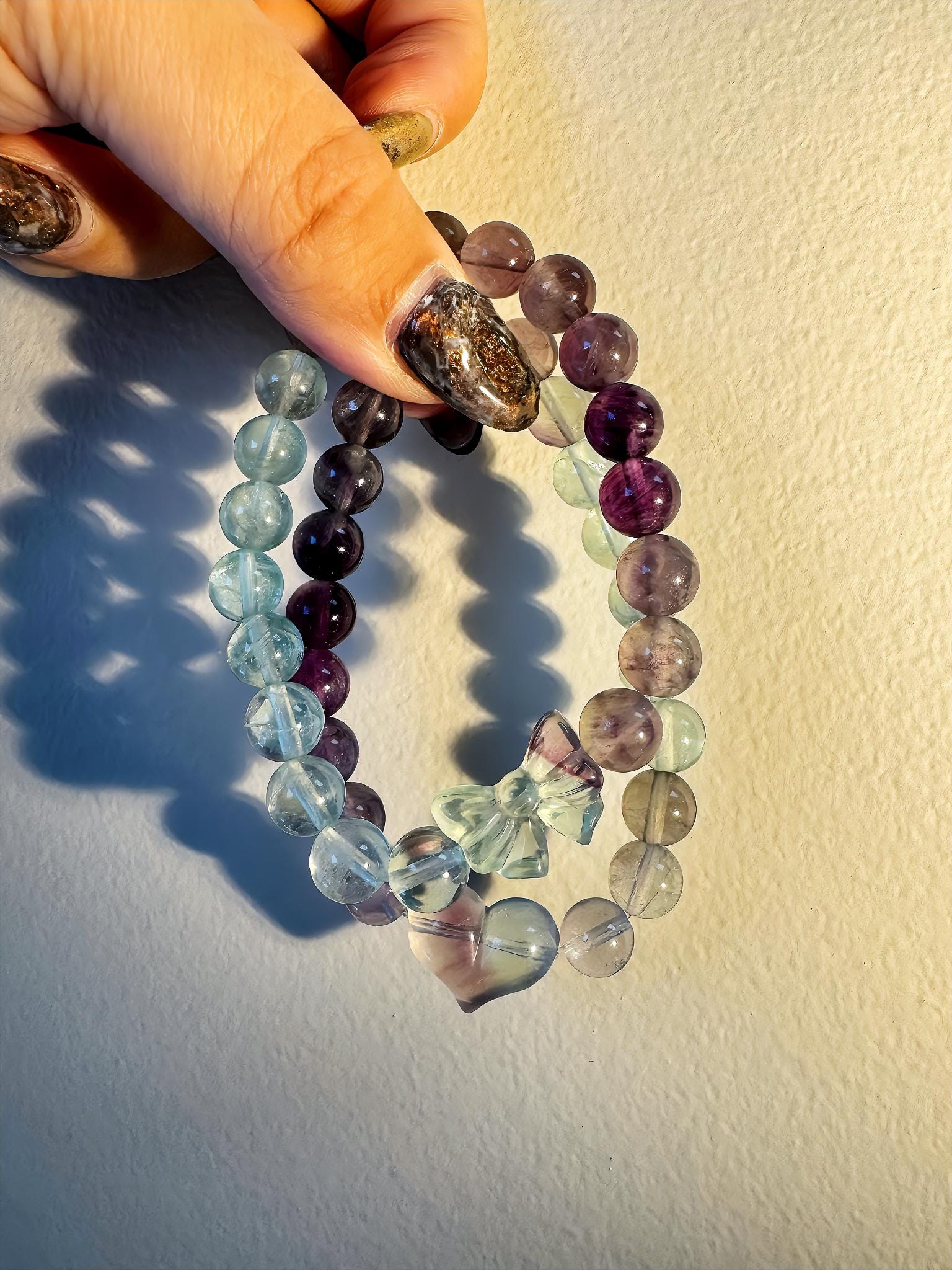 Fluorite Matching Bracelet Set, Couple and Friendship Jewelry, Choose Snowflake Heart or Bowtie Charms, Unique Crystal Gift for Loved Ones