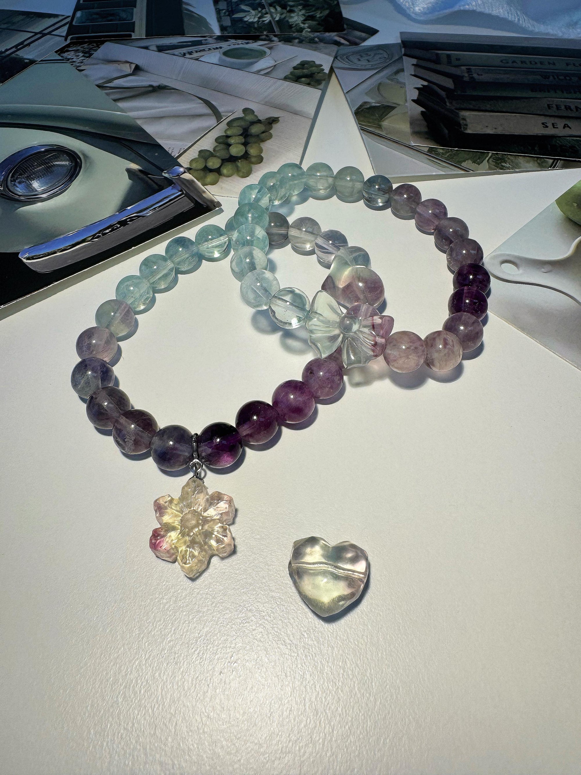 Fluorite Matching Bracelet Set, Couple and Friendship Jewelry, Choose Snowflake Heart or Bowtie Charms, Unique Crystal Gift for Loved Ones