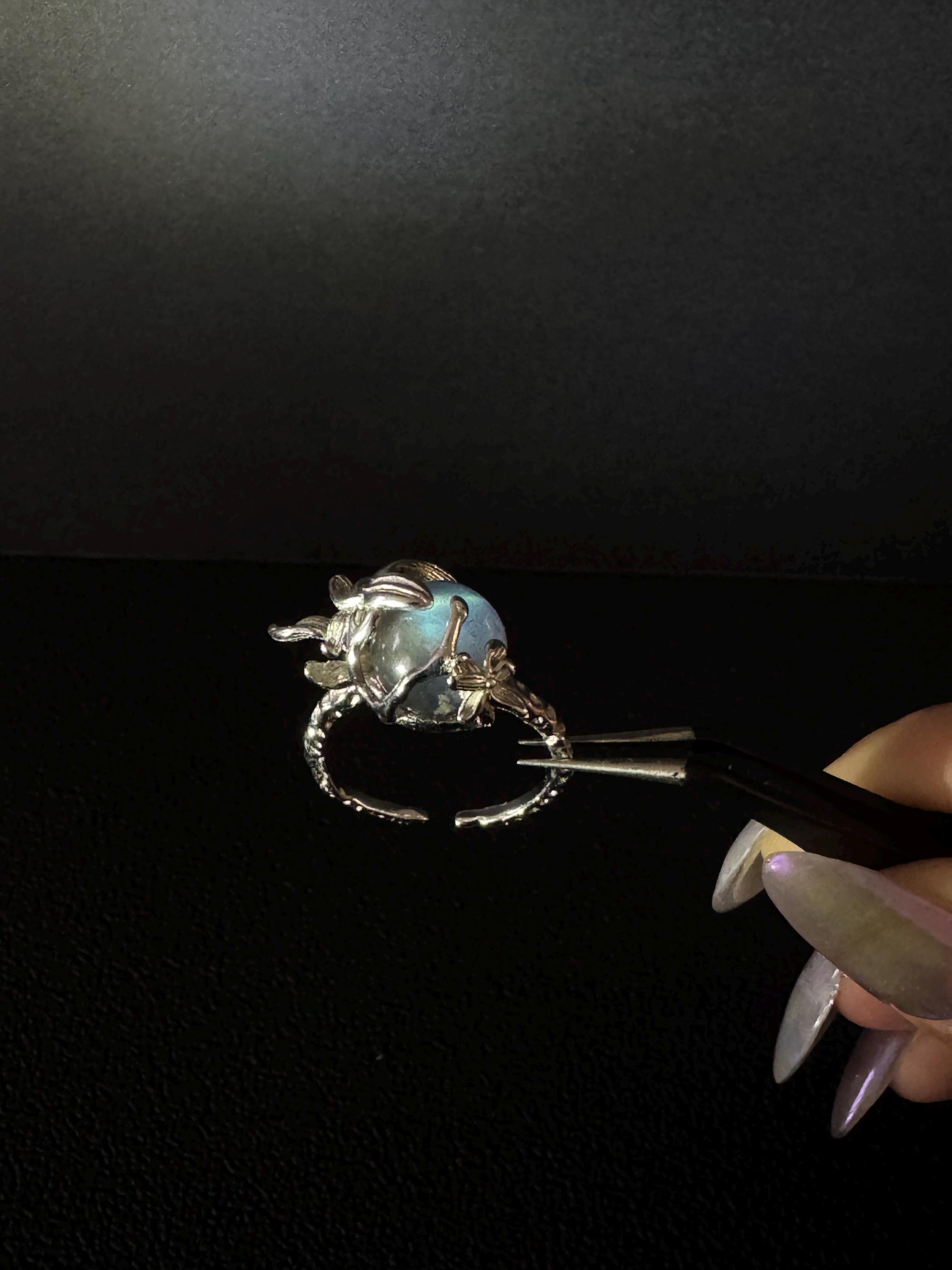 Butterfly and Flower Silver Ring with rotating labradorite bead