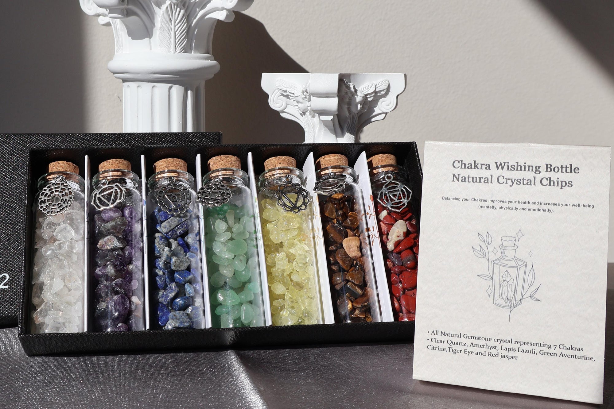 Seven Chakra Gift Set | Crystal Chip Jar Bottles | Energy Healing Manifest Kit | Meditation Intention Spell | Wishing Gemstone Bottles