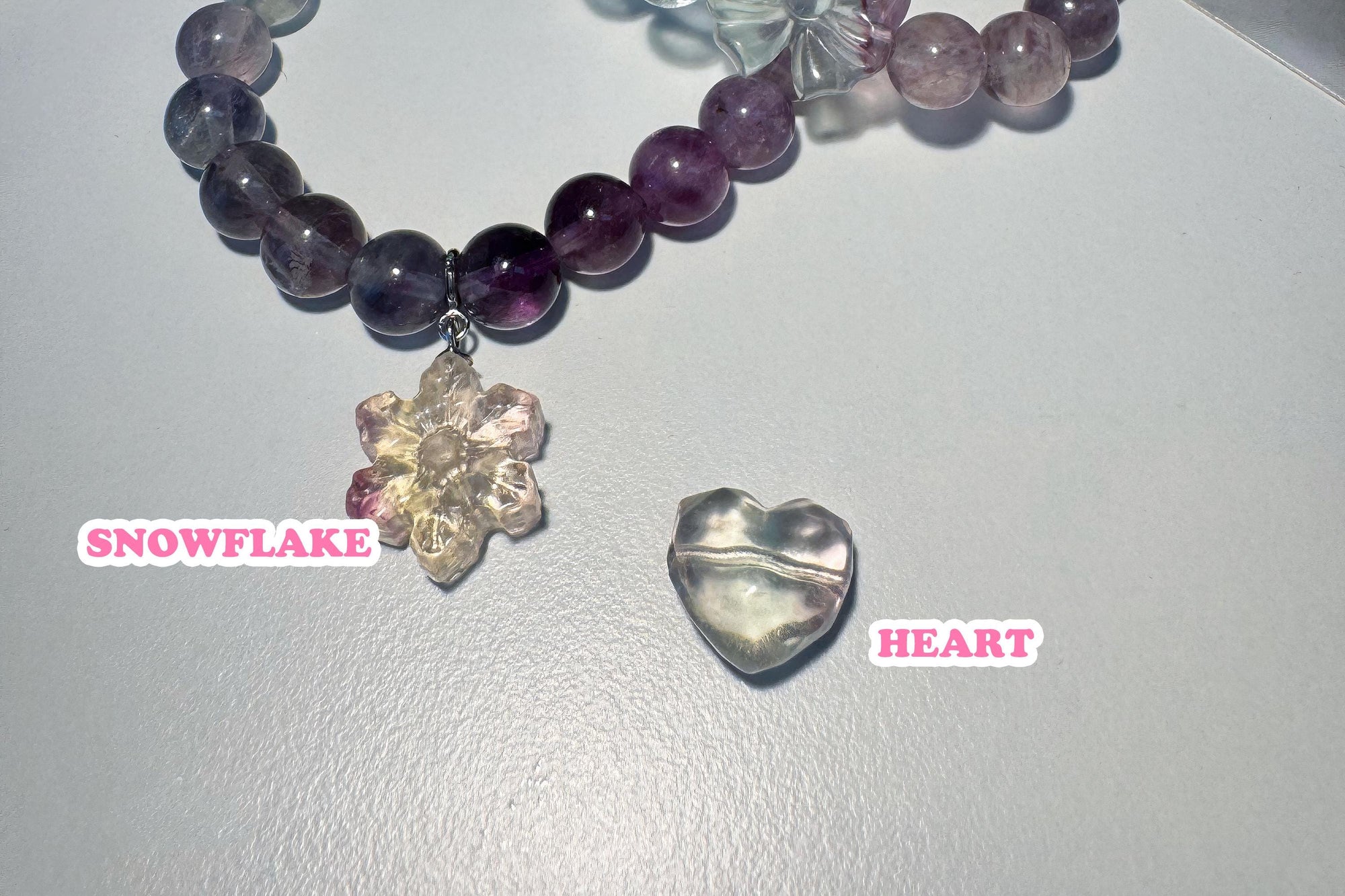 Fluorite Matching Bracelet Set, Couple and Friendship Jewelry, Choose Snowflake Heart or Bowtie Charms, Unique Crystal Gift for Loved Ones