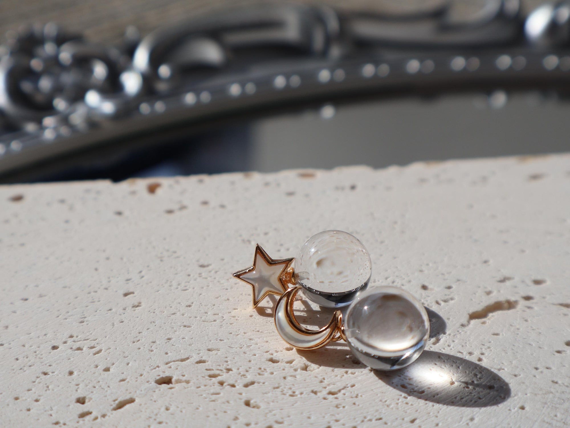 Celestial Moon Star Drop Earrings – Clear Quartz in Sterling Silver, Asymmetrical Pools of Light Design