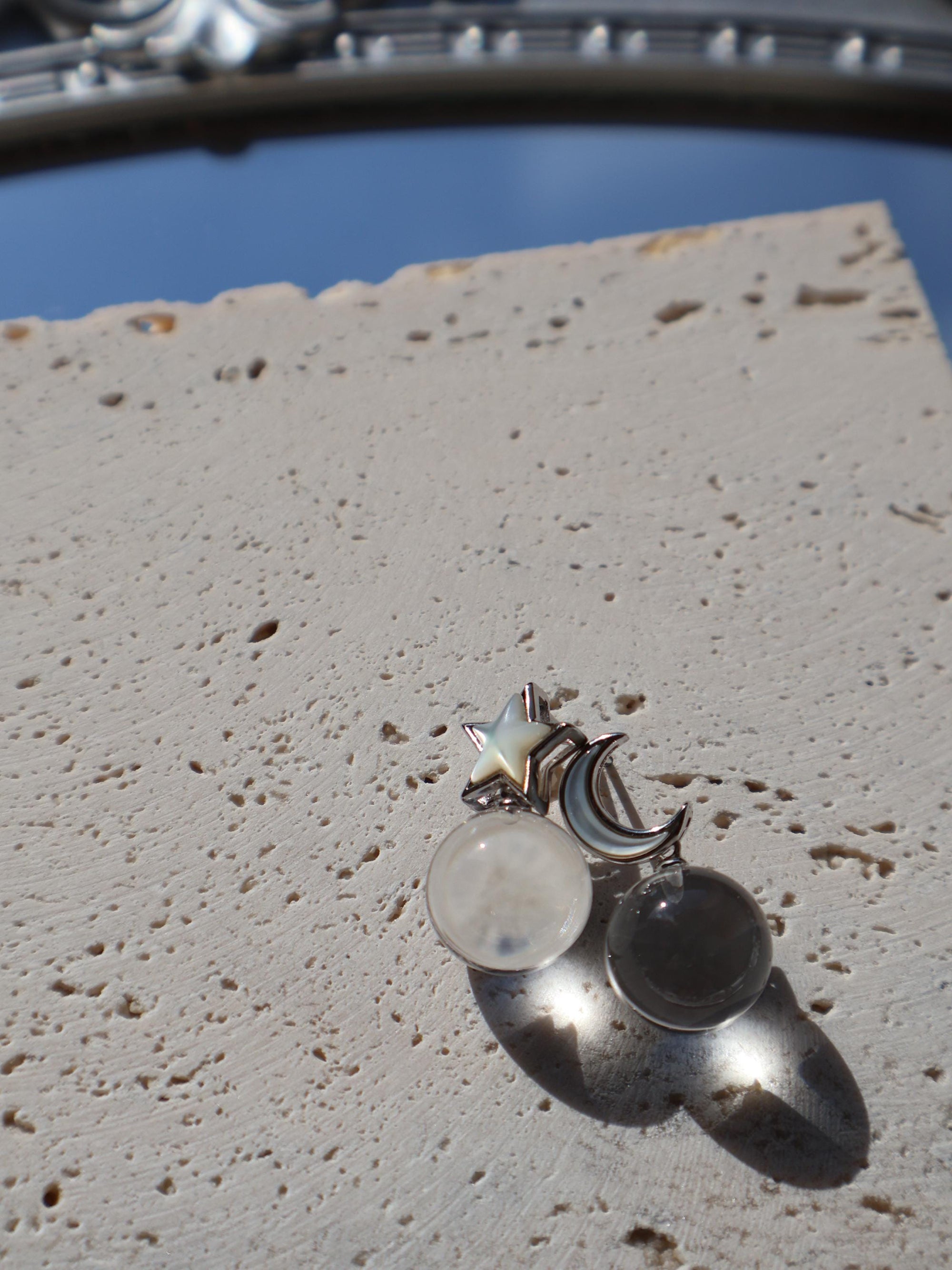 Celestial Moon Star Drop Earrings – Clear Quartz in Sterling Silver, Asymmetrical Pools of Light Design