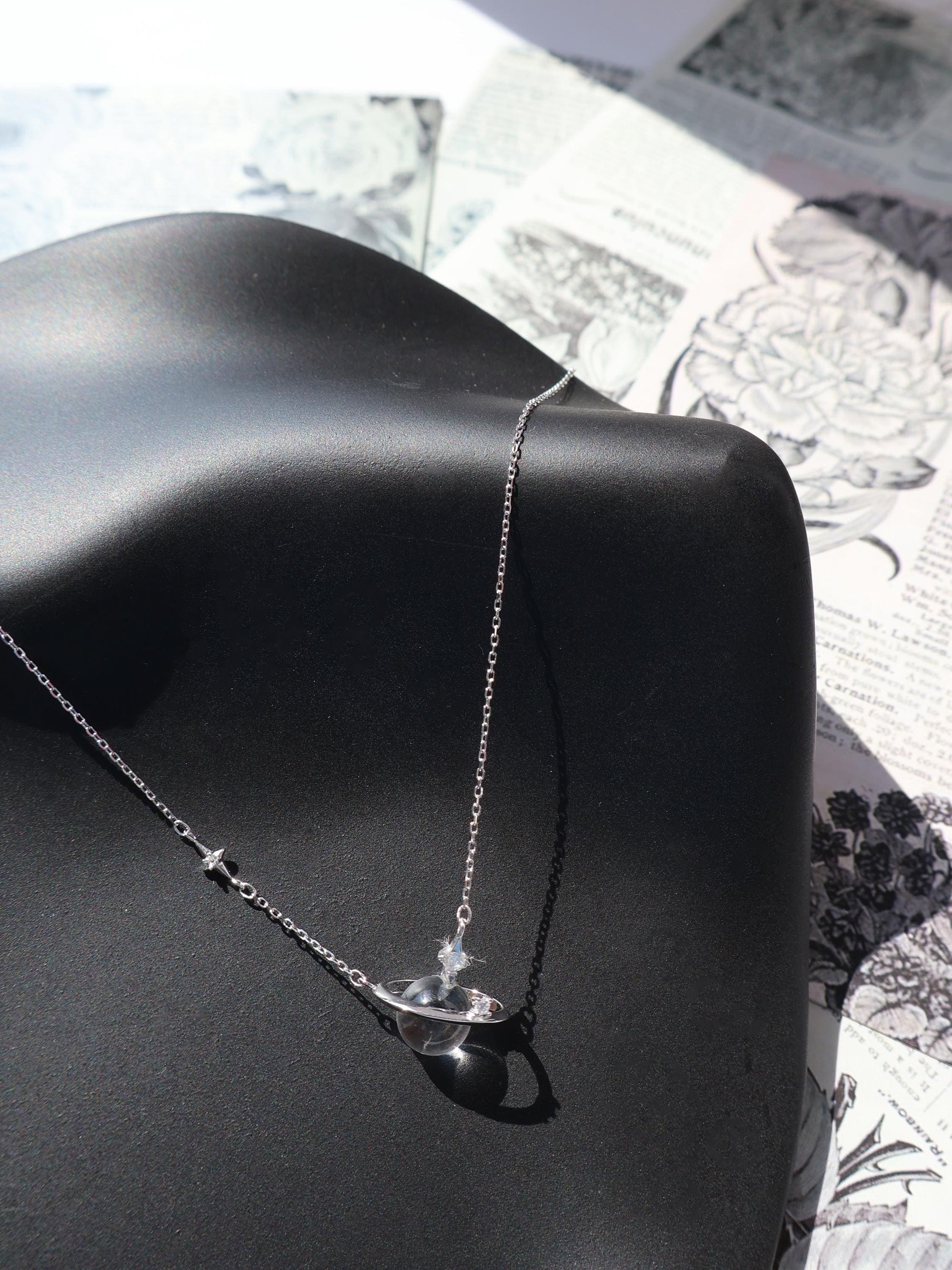 Saturn Clear Quartz Necklace Sterling Silver Planet Pendant with Crystal Orb, Celestial Jewelry