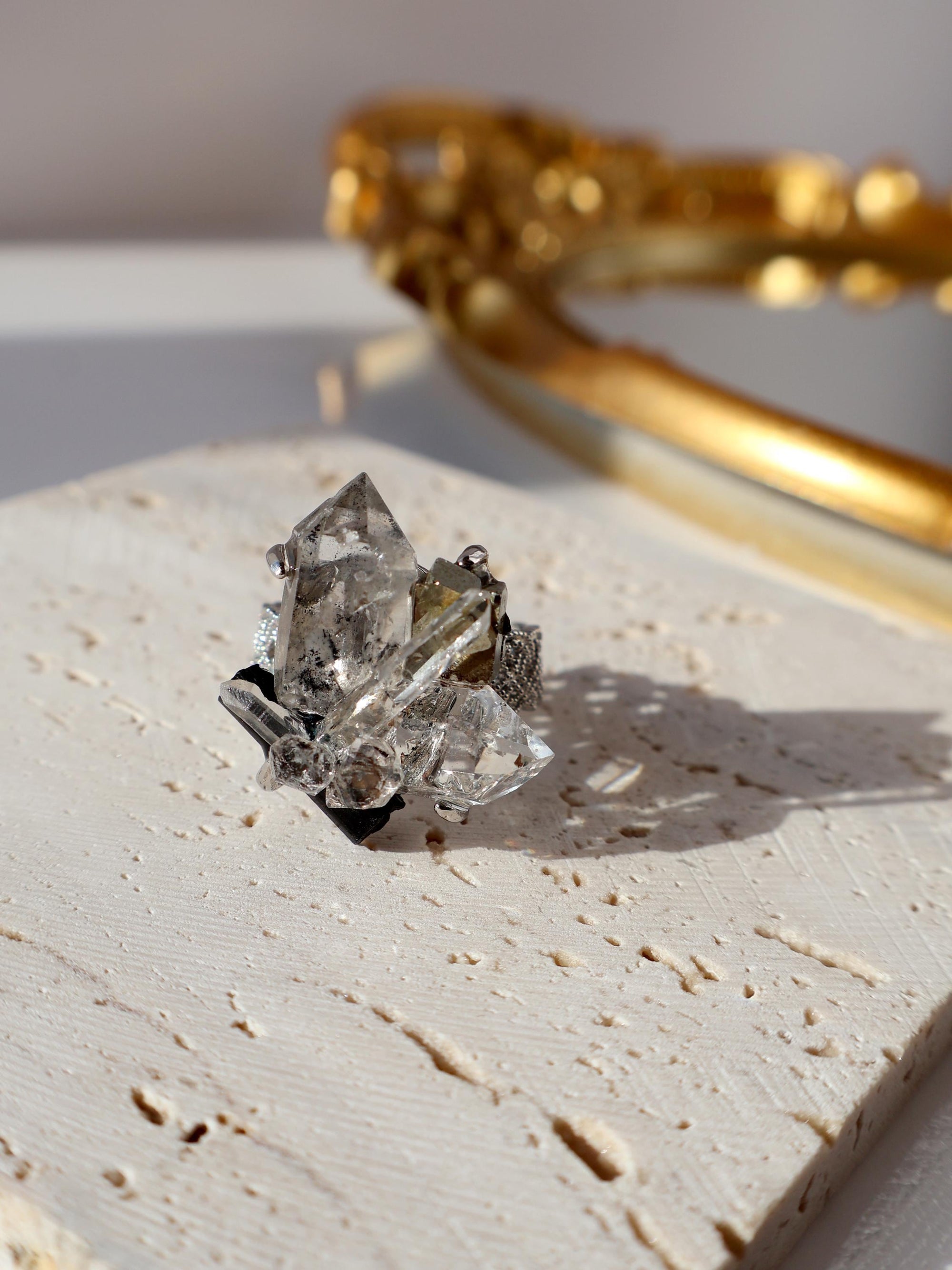 Two Large Herkimer Diamond， with one Black Tourmaline on the side, other side is Pyrite
