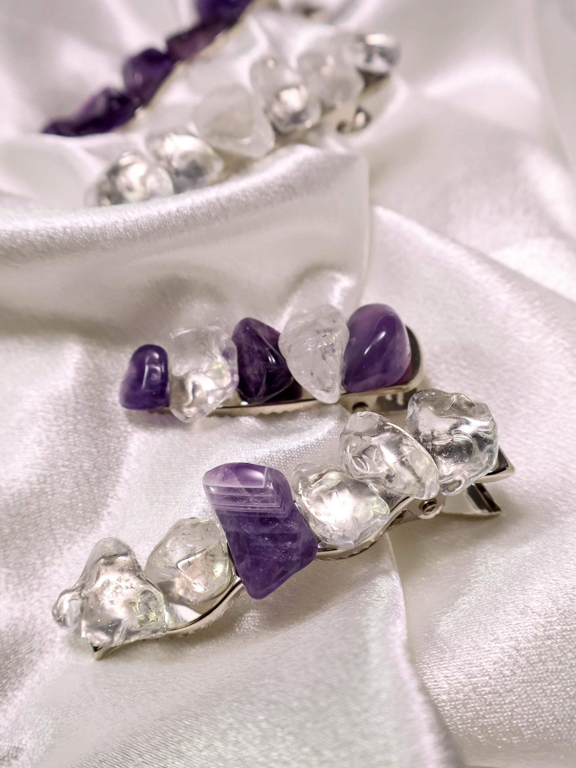 Mix Amethyst and Clear Quartz Hair Clips