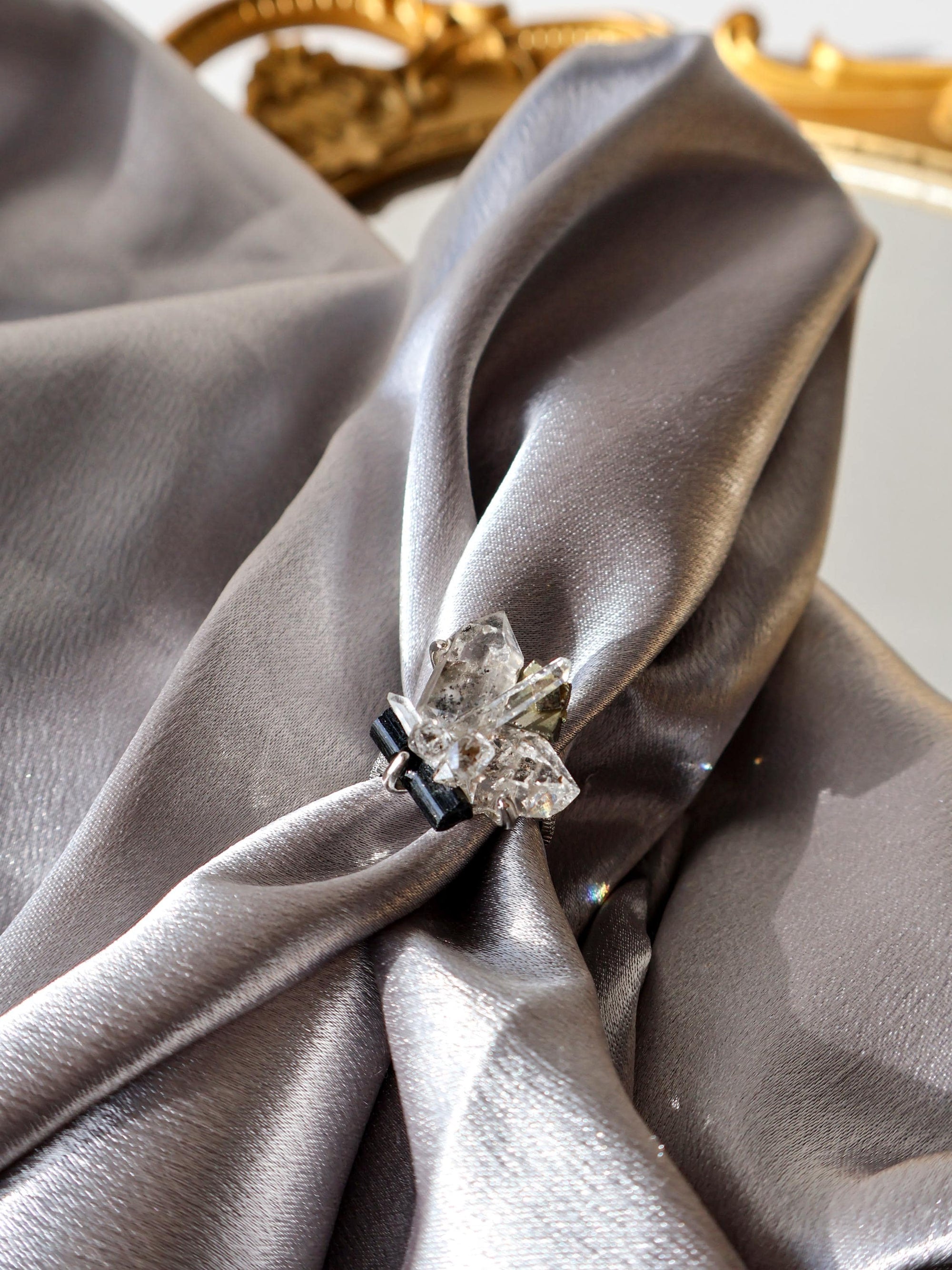 Herkimer Diamond
Black Tourmaline
Pyrite Ring
Open ended