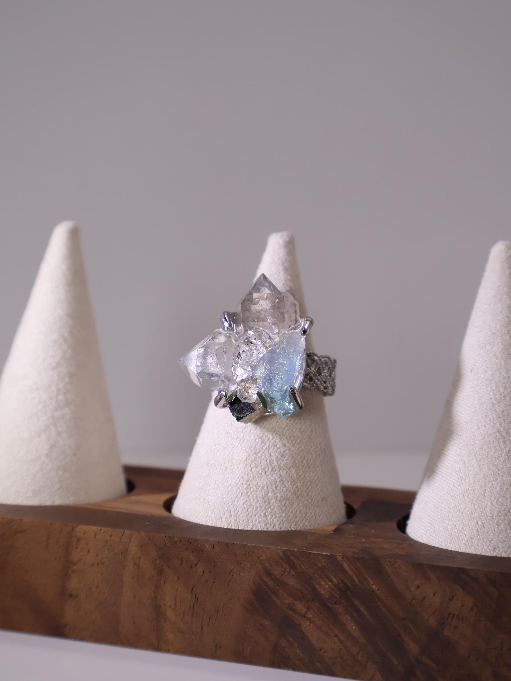 Herkimer Diamond Ring, Pyrite Ring & Aquamarine Ring, Handmade Raw Gemstone Adjustable Ring, Unique Christmas Gift For Her
