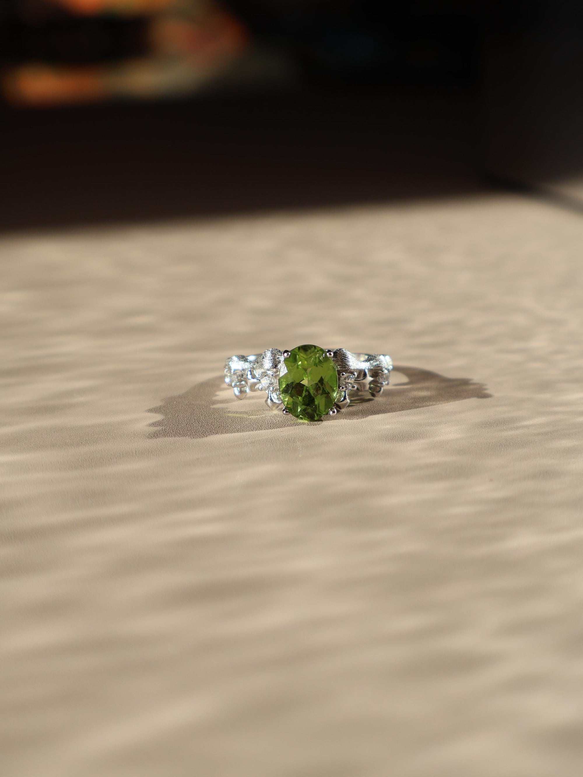 Natural Peridot Ring with brushed silver band