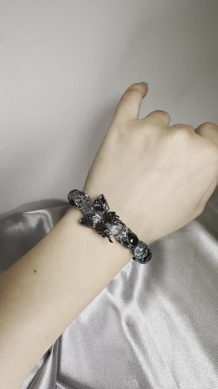 Unique Black and silver Glass bead Bracelets |  Stretch Stacking Bracelet | Bamboo Charm Bracelet | Large butterfly bracelet | 10mm Beads